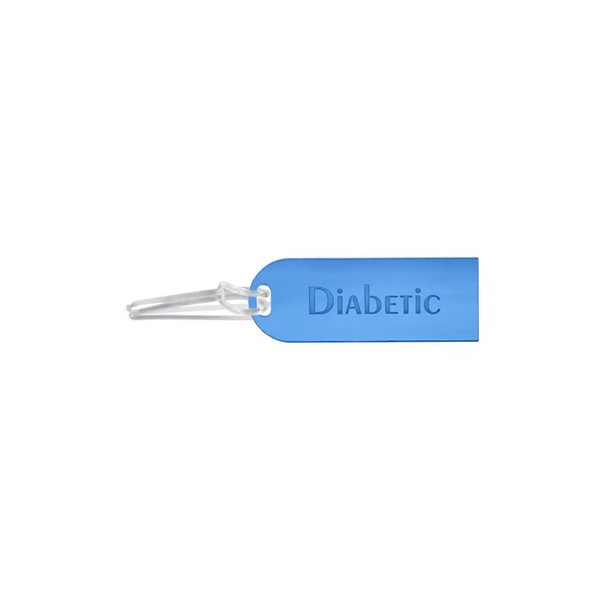 Diabetic luggage tag in blue acrylic, durable and stylish for travelers with diabetes.