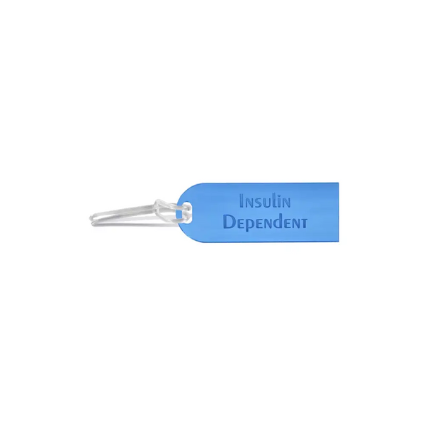 Diabetic luggage tag with "Insulin Dependent" text, acrylic build, blue and clear design for easy identification.