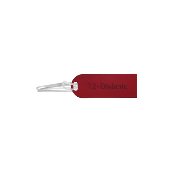 Durable red acrylic diabetic luggage tag with "T2-Diabetic" text for travel.