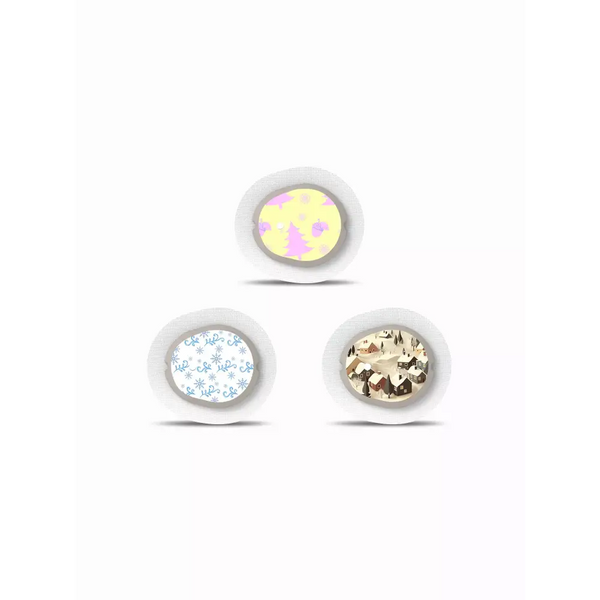 Winter-themed Dexcom G7 sensor stickers in holiday designs.