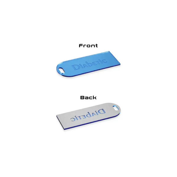 Diabetic luggage tag in blue acrylic with clear identification.