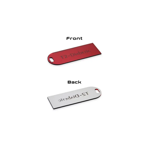 Diabetic luggage tag, acrylic awareness tag, red and silver dual-tone, identify diabetic supplies.
