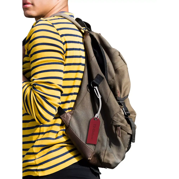 Diabetic luggage tag on backpack, high-quality acrylic, durable, stylish, clear identification for diabetic supplies.