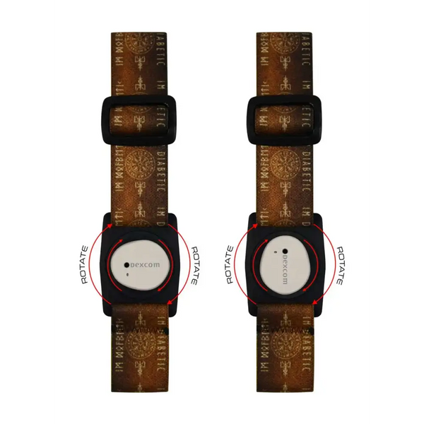 Dexcom G7 blood glucose sensor armband with Viking-themed design, featuring rotating clip.