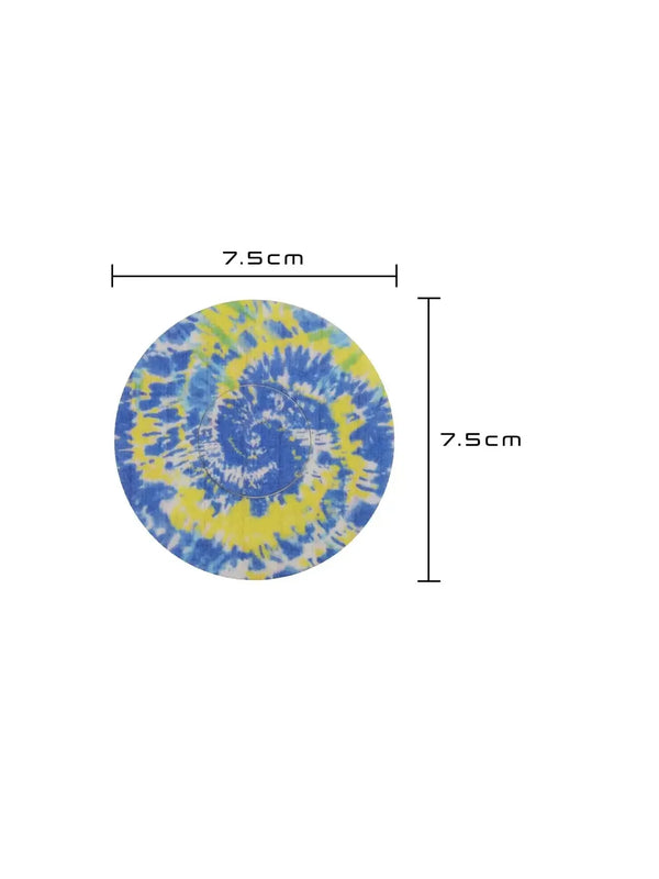 Colorful Freestyle Libre 2 patch with blue/yellow tie-dye design, measuring 7.5 cm x 7.5 cm.