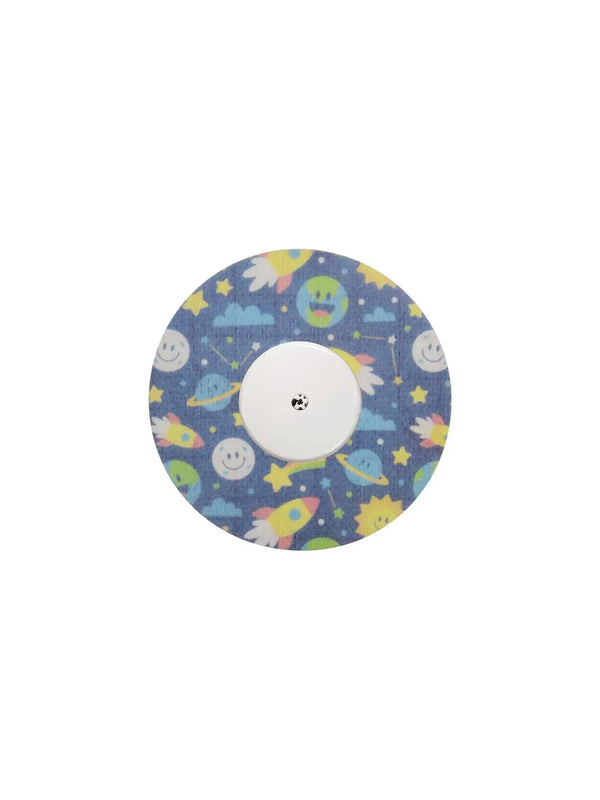 Freestyle Libre 2 Patch with colorful space-themed design, breathable, hypoallergenic adhesive for secure CGM sensor hold.