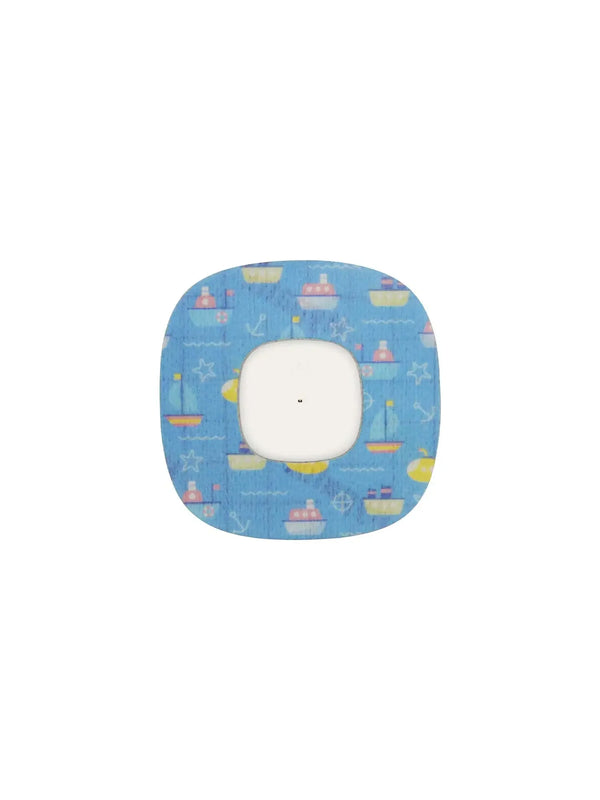 Simplera Sensor Patch with blue adhesive design featuring colorful boats for Medtronic Simplera CGM sensor protection