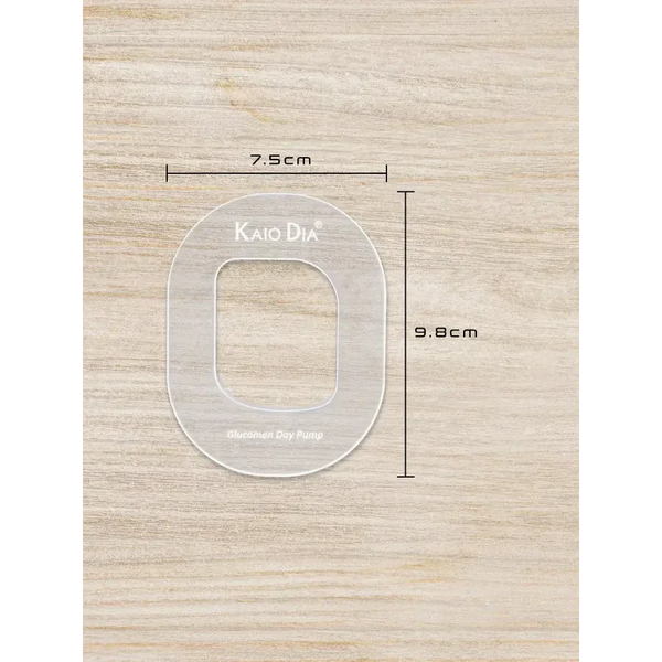 Insulin Patch Pump Template - Kaio-Patch on wooden surface with measurements.