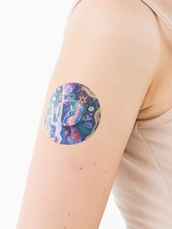 Freestyle Libre 3 sensor patch with nostalgic design on arm, offering secure, breathable fit.