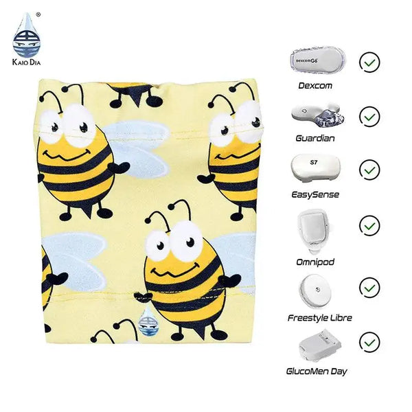 Blood glucose sensor armband for children with bee design, compatible with various sensors and insulin pumps, Fauna & Flora collection.