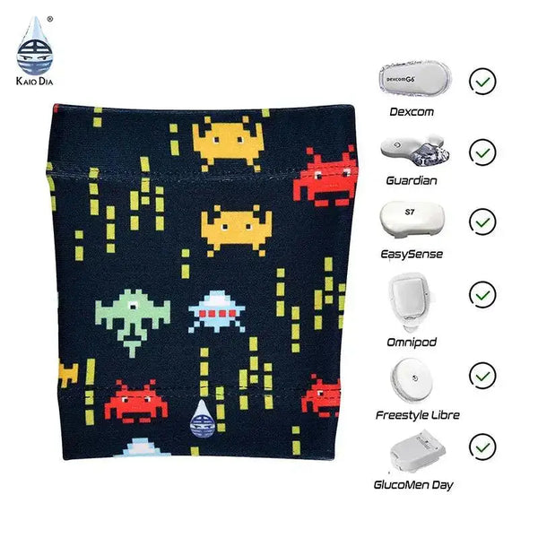 Colorful Dia-Band glucose sensor armband for children with trendy prints, featuring enhanced comfort and secure fit for various glucose sensors and pumps.
