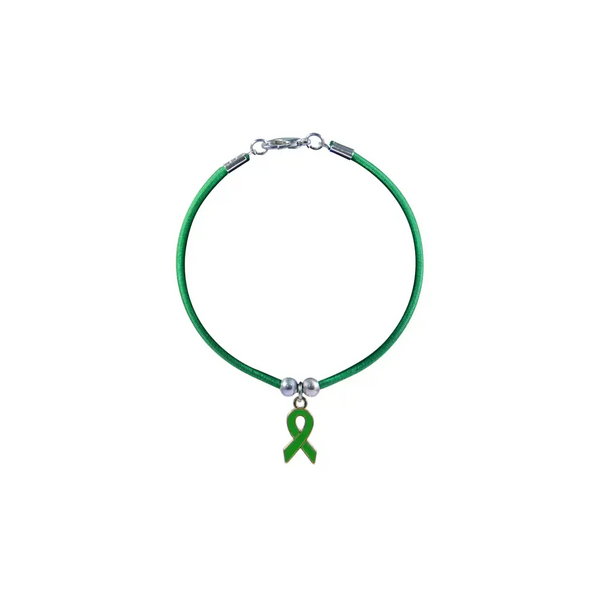Diabetic bracelet with green cord and awareness ribbon charm.