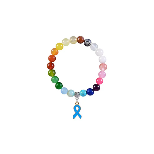 Colorful diabetic bracelet with a blue awareness ribbon charm, crafted with eco-friendly wooden beads for diabetes awareness and support.