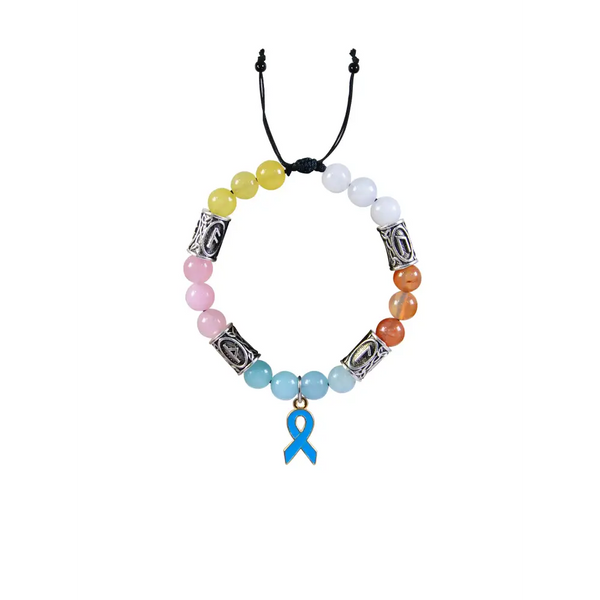 Diabetic awareness bracelet with colorful beads and blue ribbon charm.