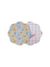 FreeStyle Libre 2 cookie shape patch front and back view, showing printed fabric and adhesive side for sensor support
