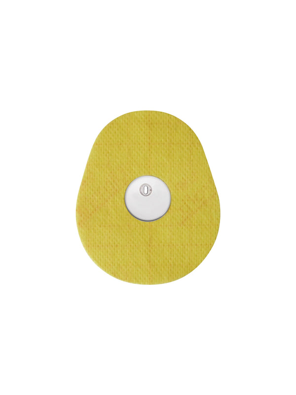 FreeStyle Libre 3 drop shape patch in yellow solid color, breathable adhesive overpatch to help support sensor wear