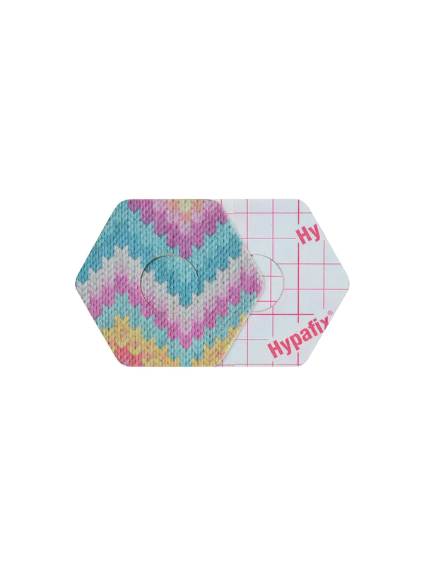 FreeStyle Libre 3 hexagonal shape patch front and back view, showing printed fabric and adhesive side for sensor support