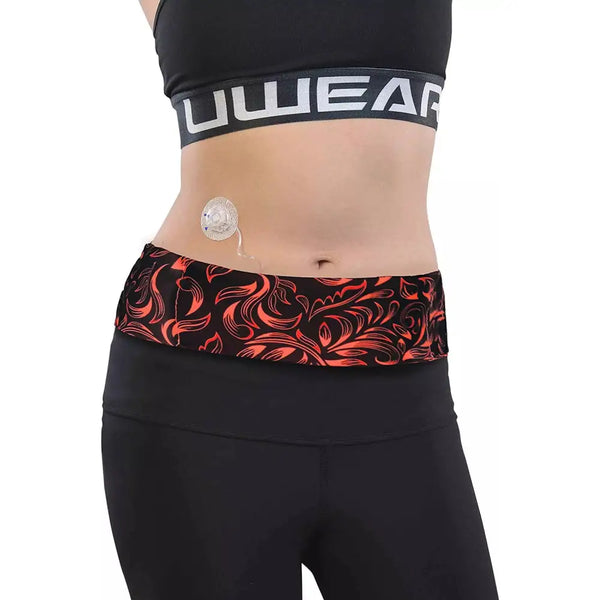 Floral print lightweight insulin pump waist belt providing comfort and secure storage for active use.