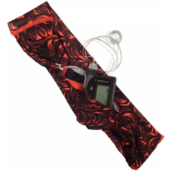 Lightweight insulin pump waist belt with floral prints, featuring a secure inner pocket and stretch fabric for comfort and style.