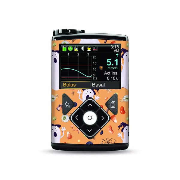 Medtronic MiniMed Insulin Pump with Halloween-themed stickers featuring ghosts and pumpkins.