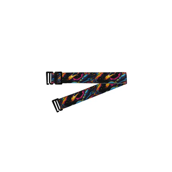 Adjustable belt for kids, designed for insulin pump pouches, featuring colorful design and secure fasteners.