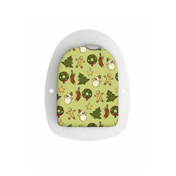 Omnipod Pod Stickers with festive Christmas pattern of gingerbread men and snowmen