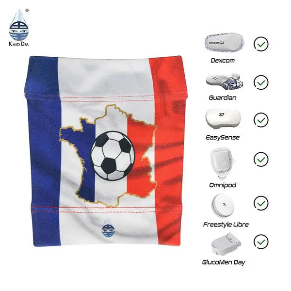 Glucose sensor and pod armband with printed flag design, compatible with Dexcom, Omnipod, and Freestyle Libre.