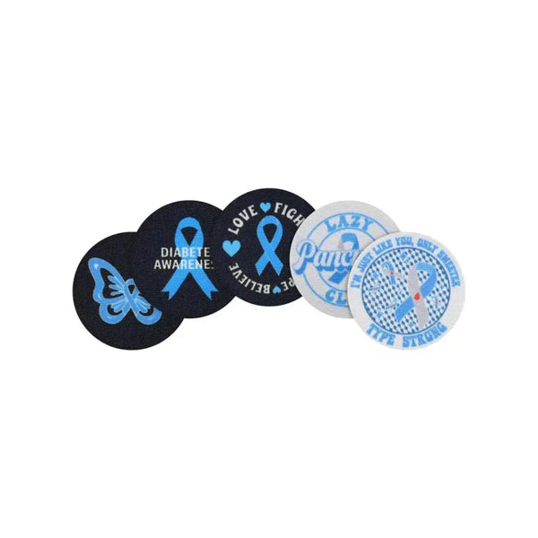 Diabetes awareness iron-on patches set with blue ribbon designs.