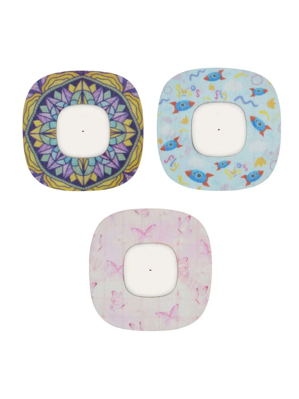 Colorful Simplera Sensor Patches for Kids with fun designs - friendly animals, starry skies, vibrant shapes.