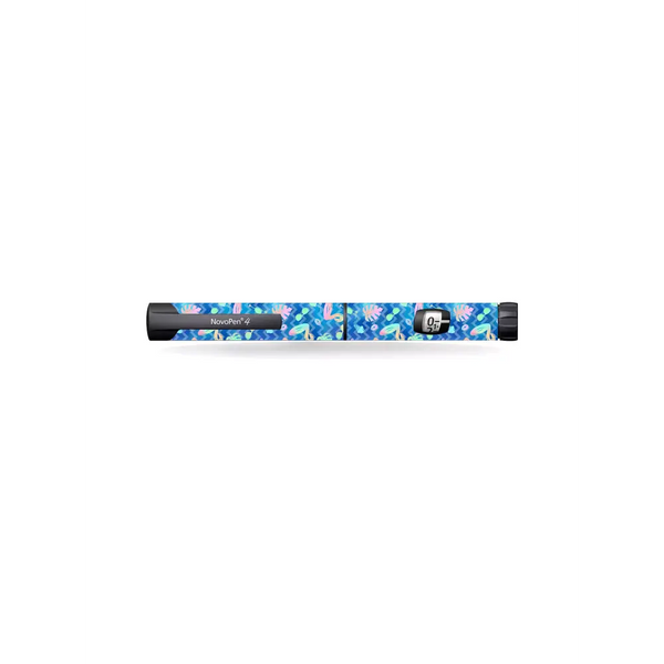 Novopen Echo covered with vibrant summer-themed Kaio-Dia sticker featuring beach and marine designs.