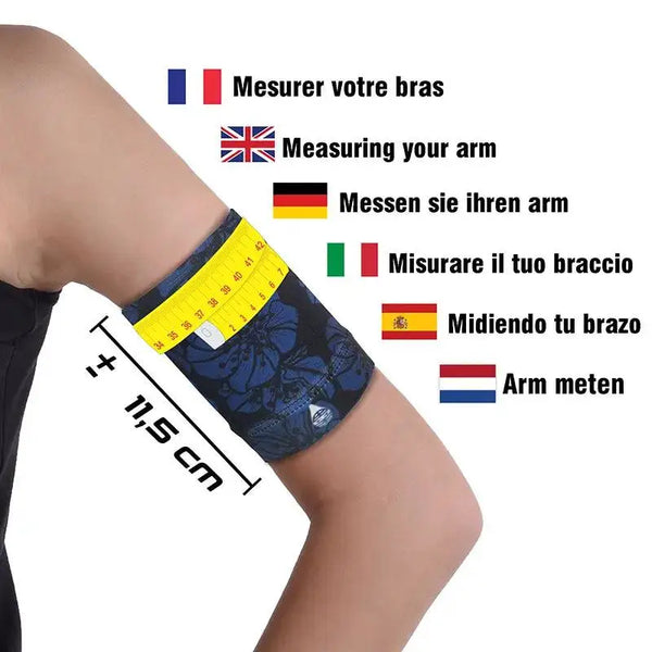 Stylish blood glucose sensor armband in Midnight design with measuring tape, suitable for sports and daily wear.