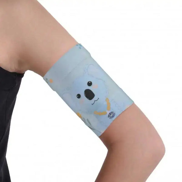 Blood Glucose Sensor Armband for Children in Fauna & Flora design, featuring a cute animal print, worn on arm.