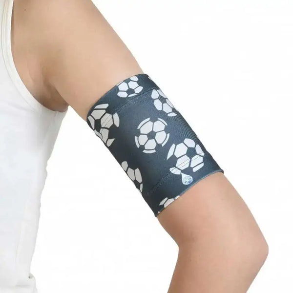 Blood Glucose Sensor Armband for Children with Trendy Prints, secure fit for glucose sensors, fun soccer design.
