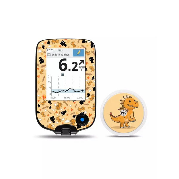 Freestyle Libre Reader and Sensor with decorative, water-resistant vinyl stickers featuring a cute dragon design.