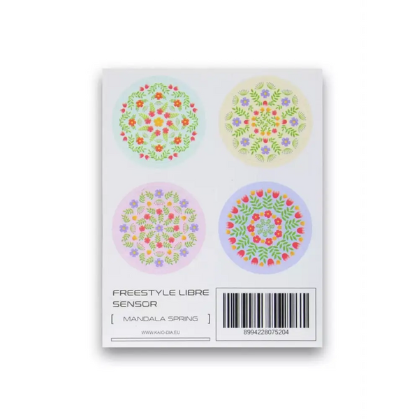 Freestyle Libre sensor stickers with floral spring designs, set of 4, water-resistant and easy to apply.