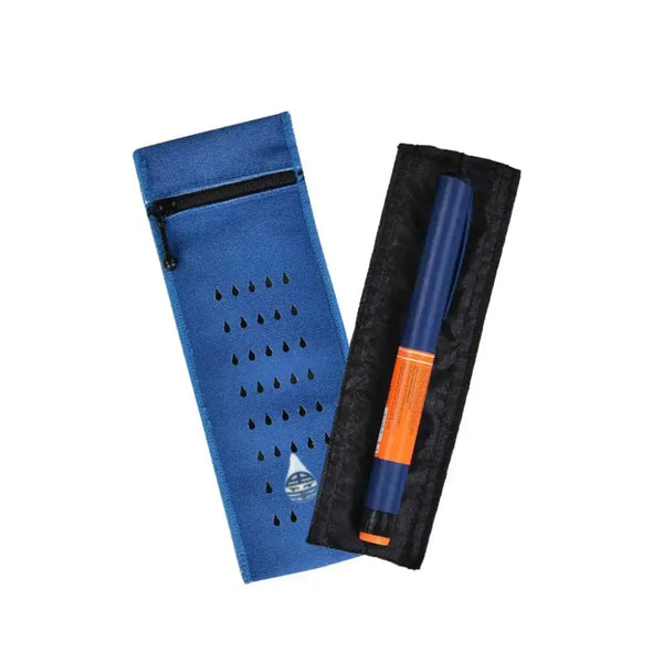 Insulin travel case cooler in blue with zipper, designed to keep one insulin pen cool up to 48 hours using water evaporation technology.
