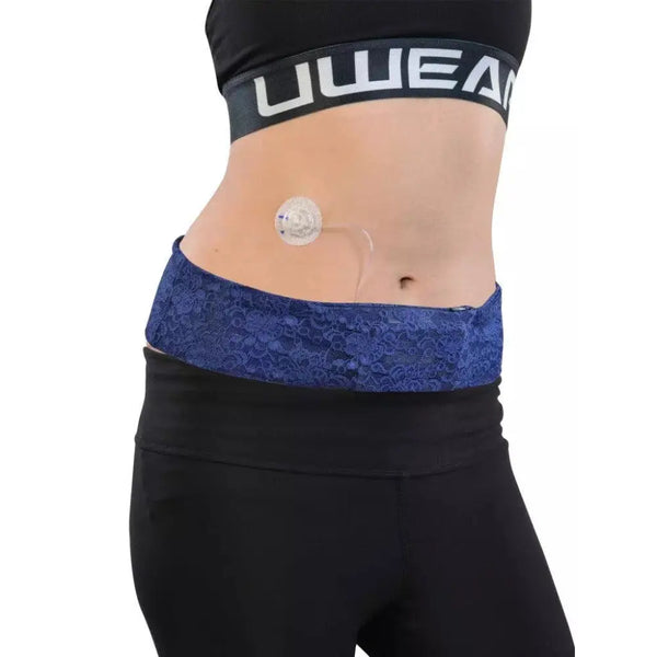 Insulin pump waist belt in lace for women, featuring a blue lace design and secure fit, ideal for type 1 diabetes management.