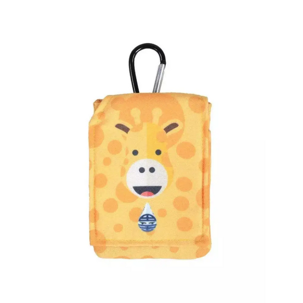 Insulin pump pouch for kids with giraffe design and cooling system featuring a carabiner.