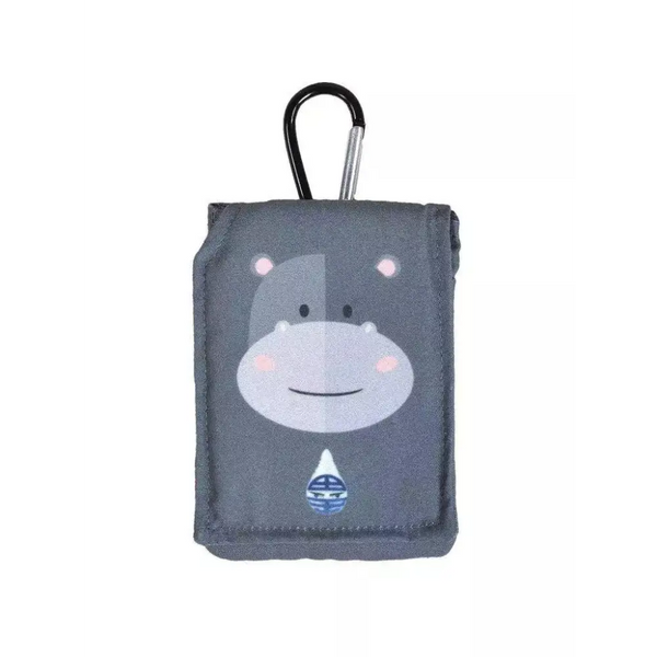 Insulin pump pouch for kids with hippo design and carabiner.