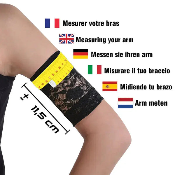 Lace armband for CGM and insulin pump, showing measuring instructions and compatibility.