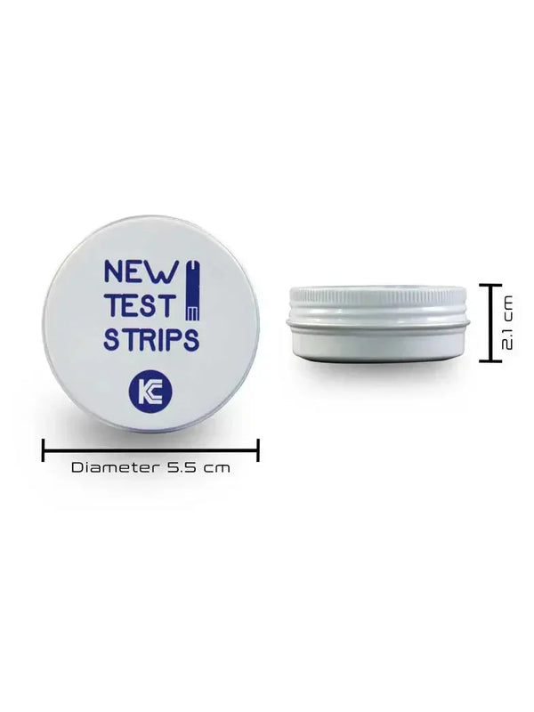 Medium tin box with "New Test Strips" print, 5.5cm diameter, 2.1cm height, for organizing diabetic supplies.