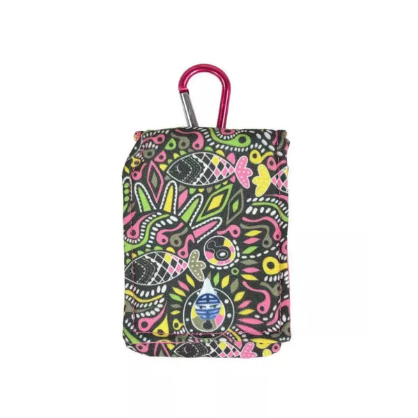 Colorful insulin pump pouch with cooling system and carabiner attachment.