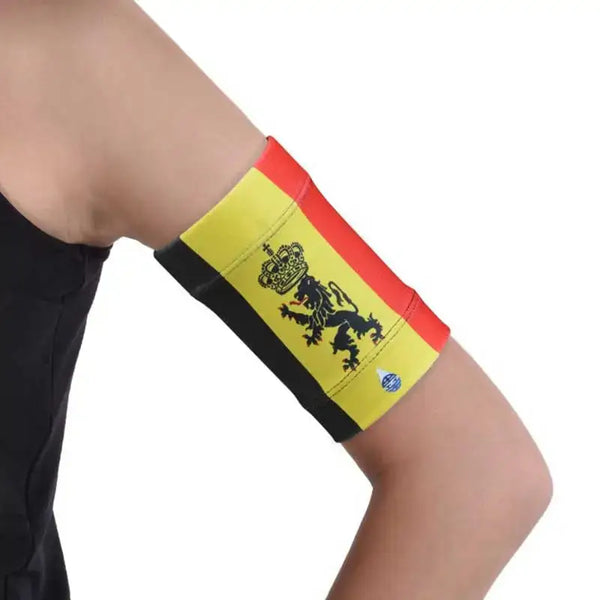 Glucose sensor and pod armband with Belgian flag design for diabetics.
