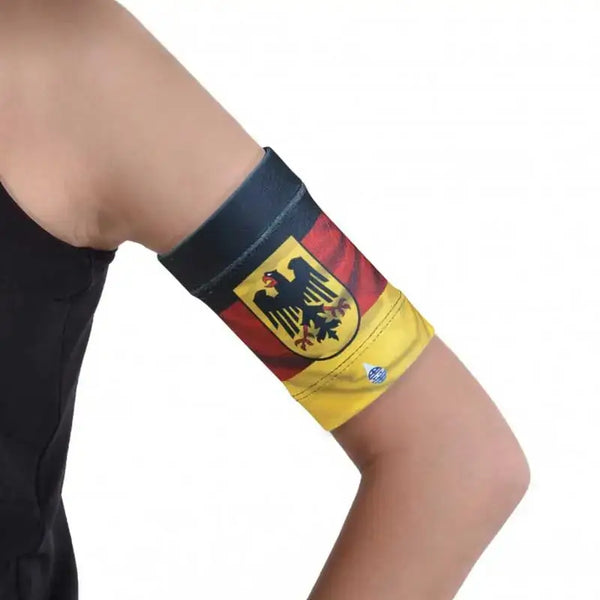 Glucose sensor and pod armband with German flag design, secure fit for diabetic devices.