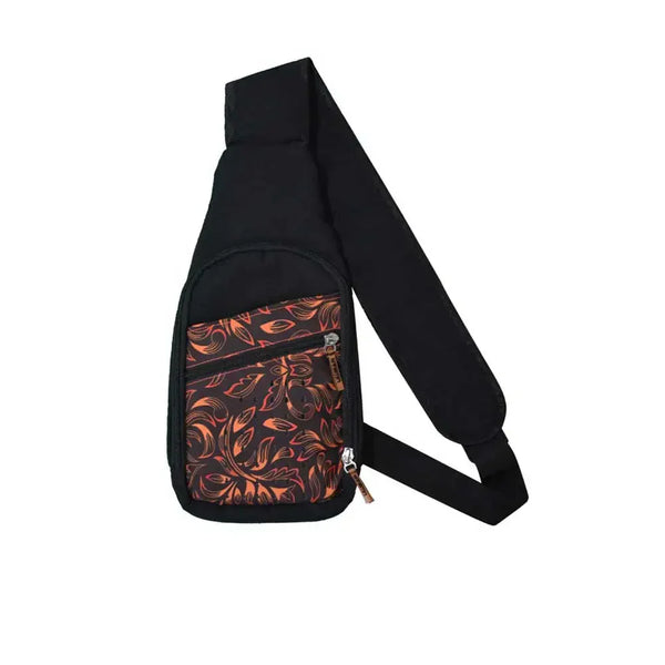 Shoulder bag with insulin cooling system, Dia-GO! Lite, featuring black and orange print, lightweight design, and cooling for insulin pens.