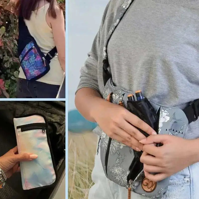 Collection of diabetes bags with cooling systems for insulin, featuring various styles like sling and fanny packs, worn by adults. Image