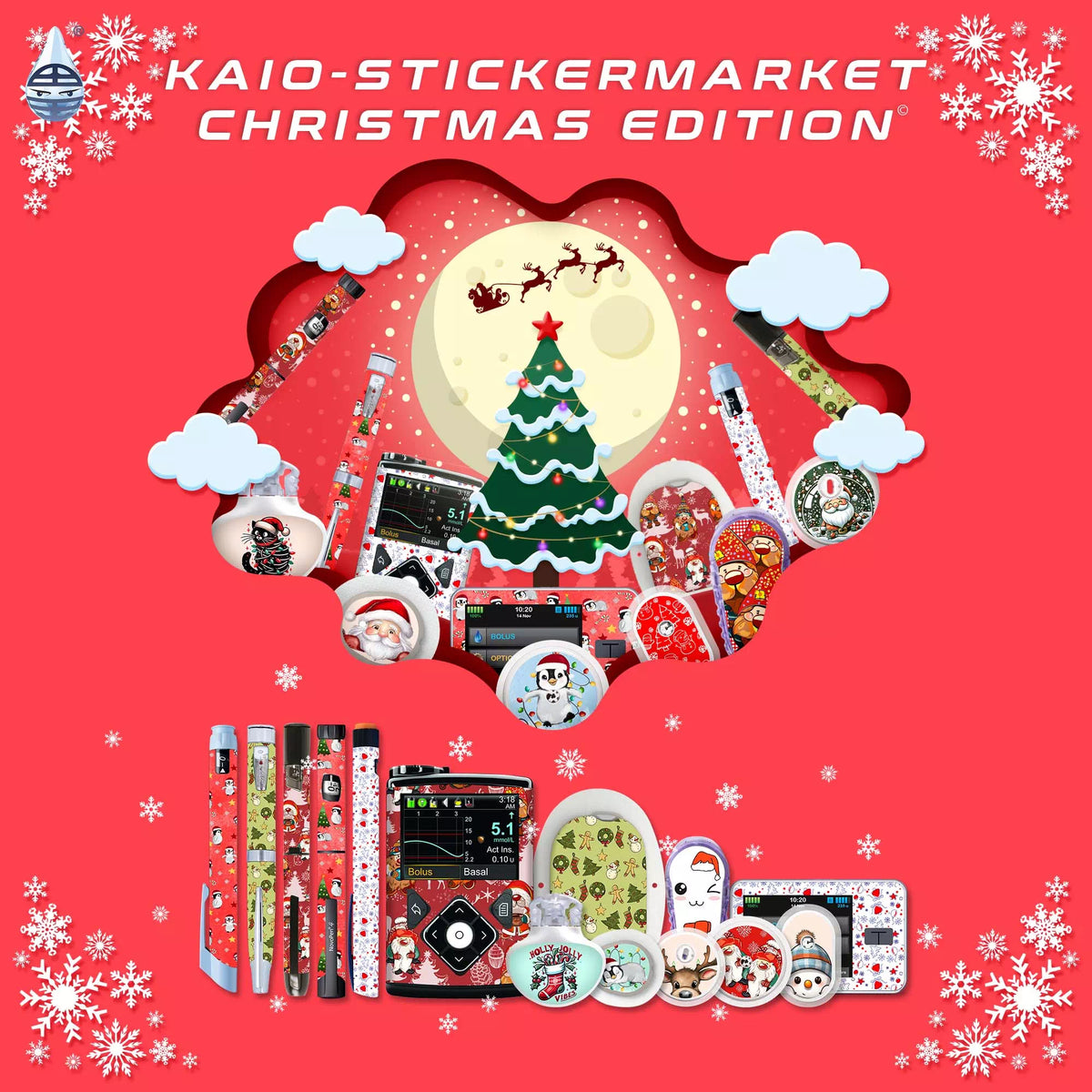 Festive collection of diabetes device stickers for Christmas, featuring colorful designs for insulin pens, CGM sensors, and pumps. Perfect for adding holiday cheer. Image