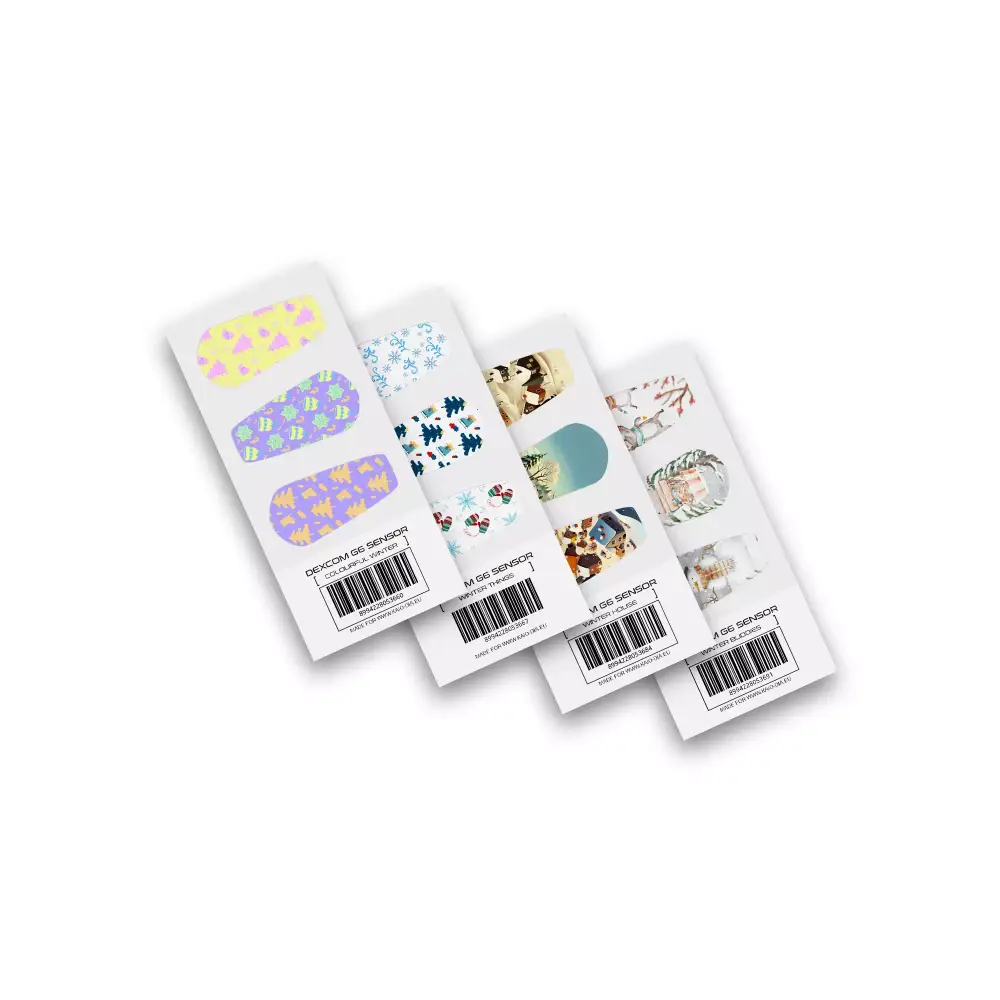 Winter-themed Dexcom G6 sensor stickers with festive designs and glossy finish.