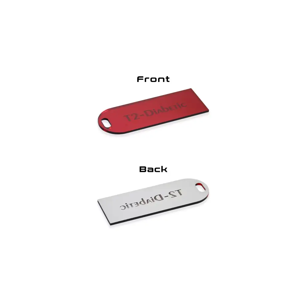 Diabetic luggage tag, acrylic awareness tag, red and silver dual-tone, identify diabetic supplies.