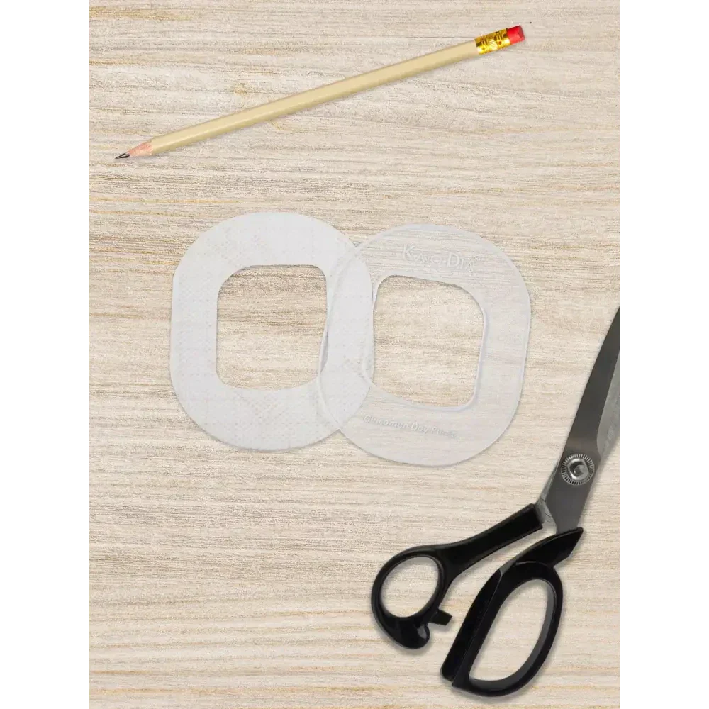 Insulin Patch Pump Template for Glucomen Day Pump and Omnipod POD with pencil and scissors.